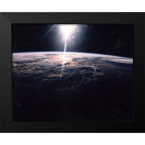 Sunlight over Earth as seen by Discovery crew Black Modern Wood Framed Art Print by NASA