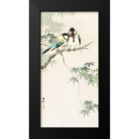 Great tits on maple branch Black Modern Wood Framed Art Print by Koson, Ohara