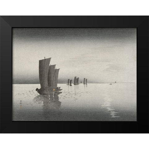 Fishing boats at dusk Black Modern Wood Framed Art Print by Koson, Ohara