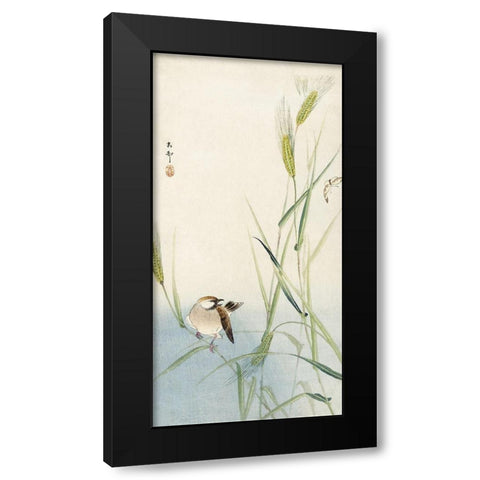 Bird and butterfly Black Modern Wood Framed Art Print by Koson, Ohara