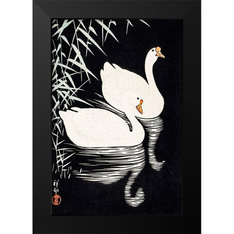 White Chinese Geese Swimming by Reeds Black Modern Wood Framed Art Print by Koson, Ohara