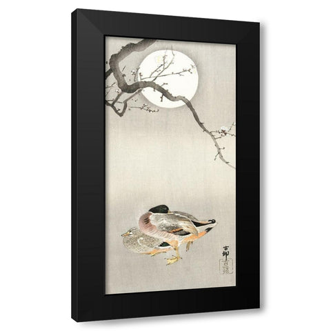 Ducks at full moon Black Modern Wood Framed Art Print by Koson, Ohara