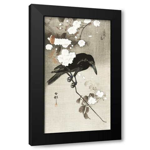 Crow with cherry blossom Black Modern Wood Framed Art Print with Double Matting by Koson, Ohara