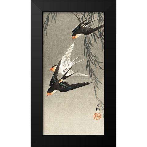Three red-tailed swallows in dive Black Modern Wood Framed Art Print by Koson, Ohara