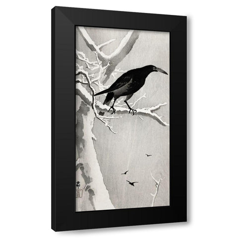 Crow on snowy tree branch Black Modern Wood Framed Art Print with Double Matting by Koson, Ohara