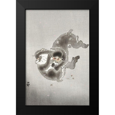 Two playing monkeys Black Modern Wood Framed Art Print by Koson, Ohara