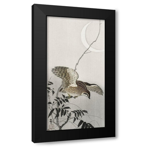 Quail at moon sickle  Black Modern Wood Framed Art Print with Double Matting by Koson, Ohara