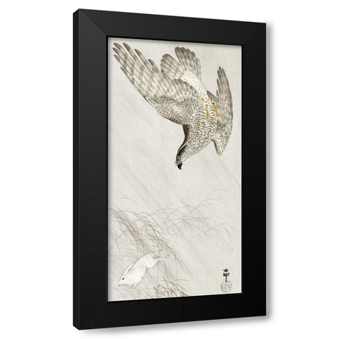 Hawk hunting a hare Black Modern Wood Framed Art Print by Koson, Ohara