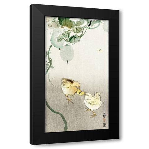 Two chicks fighting for a butterfly Black Modern Wood Framed Art Print by Koson, Ohara