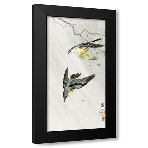 Songbirds in rain Black Modern Wood Framed Art Print by Koson, Ohara