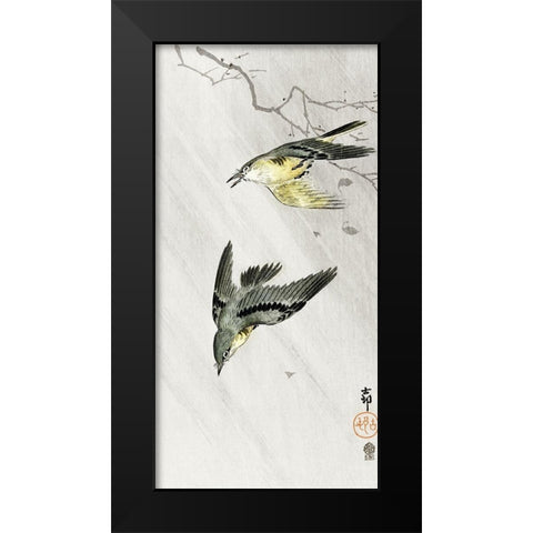 Songbirds in rain Black Modern Wood Framed Art Print by Koson, Ohara