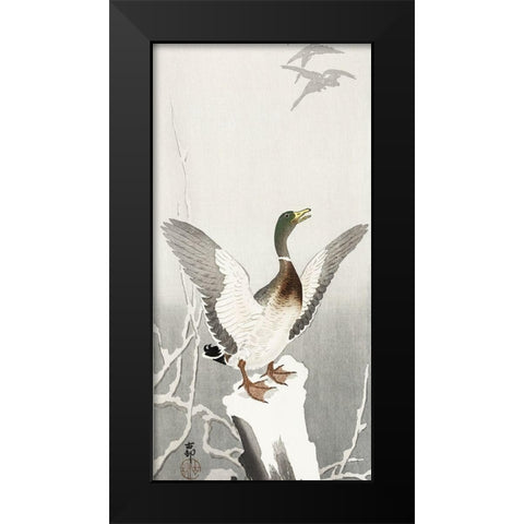 Duck on snowy tree stump Black Modern Wood Framed Art Print by Koson, Ohara