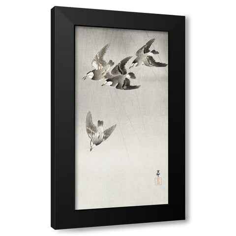 Starlings in the rain Black Modern Wood Framed Art Print by Koson, Ohara