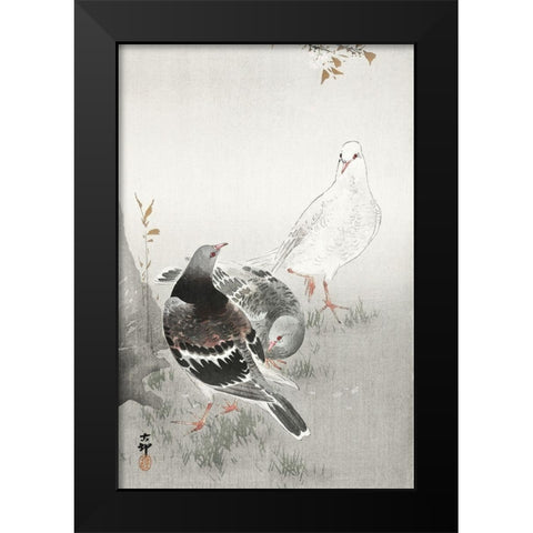 Three pigeons Black Modern Wood Framed Art Print by Koson, Ohara