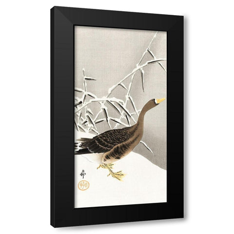 White-fronted goose in the snow Black Modern Wood Framed Art Print by Koson, Ohara