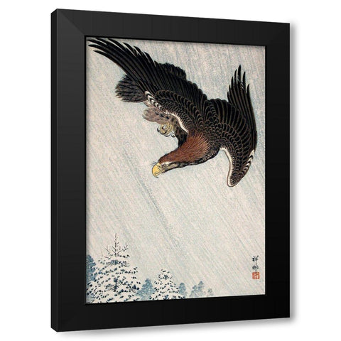 Eagle Flying in Snow Black Modern Wood Framed Art Print by Koson, Ohara