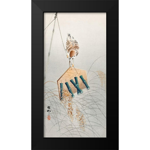 Ring sparrow on scarecrow Black Modern Wood Framed Art Print by Koson, Ohara