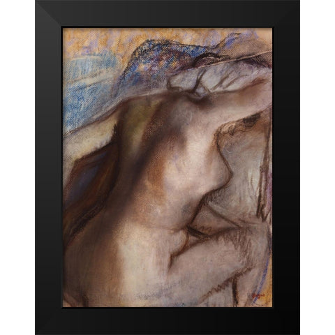 After the Bath, Woman Drying Herself Black Modern Wood Framed Art Print by Degas, Edgar