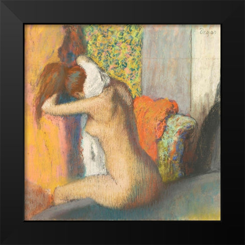 After the Bath, Woman Drying her Nape Black Modern Wood Framed Art Print by Degas, Edgar