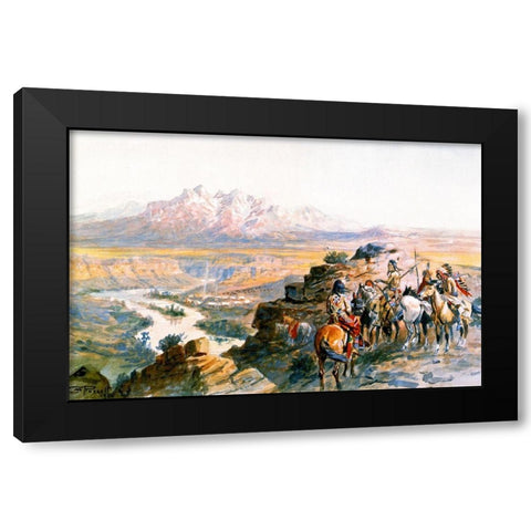 Planning the Attack on the Wagon Train Black Modern Wood Framed Art Print by Russell, Charles Marion