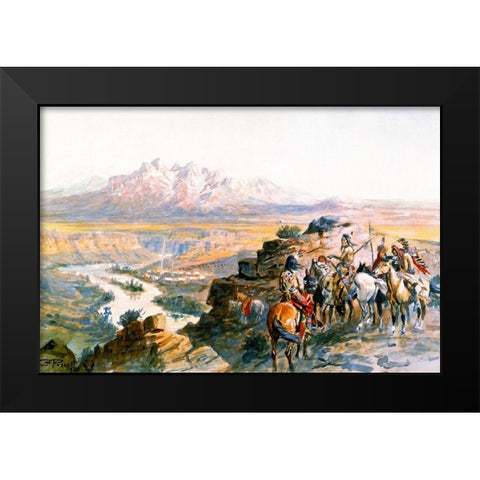 Planning the Attack on the Wagon Train Black Modern Wood Framed Art Print by Russell, Charles Marion