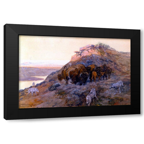 Buffalo Herd at Bay Black Modern Wood Framed Art Print by Russell, Charles Marion