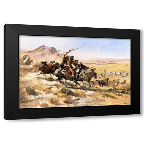 Attack on a Wagon Train Black Modern Wood Framed Art Print with Double Matting by Russell, Charles Marion