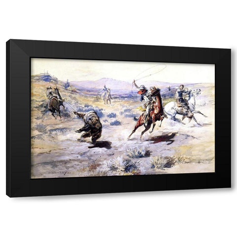 Roping a Grizzly Black Modern Wood Framed Art Print with Double Matting by Russell, Charles Marion