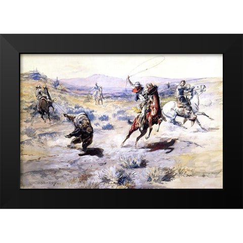 Roping a Grizzly Black Modern Wood Framed Art Print by Russell, Charles Marion