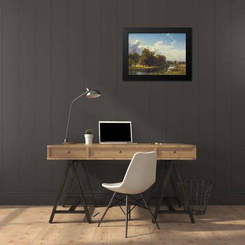 A River Landscape, Westphalia Black Modern Wood Framed Art Print by Bierstadt, Albert