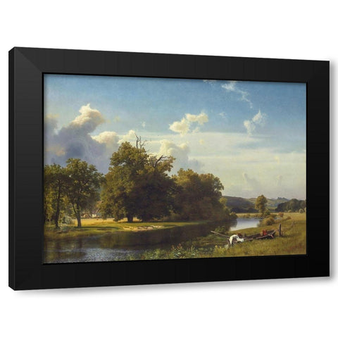 A River Landscape, Westphalia Black Modern Wood Framed Art Print by Bierstadt, Albert
