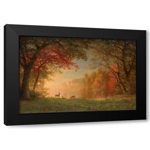 Indian Sunset, Deer by a Lake Black Modern Wood Framed Art Print with Double Matting by Bierstadt, Albert