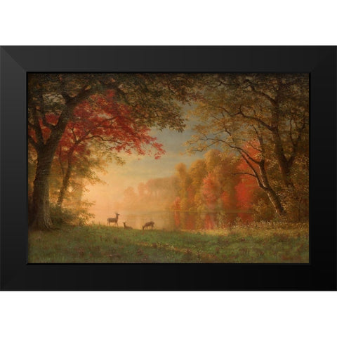 Indian Sunset, Deer by a Lake Black Modern Wood Framed Art Print by Bierstadt, Albert