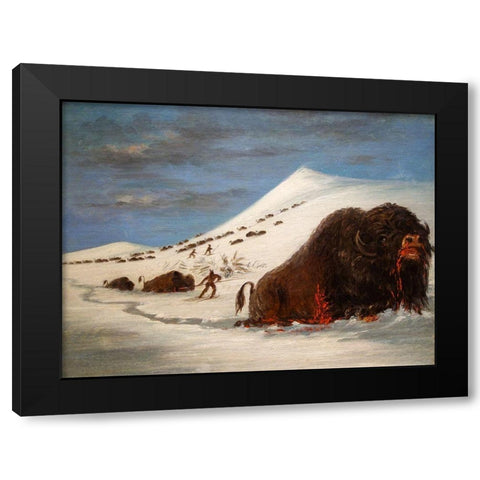 Buffalo Hunt in Snow Shoes Black Modern Wood Framed Art Print with Double Matting by Catlin, George