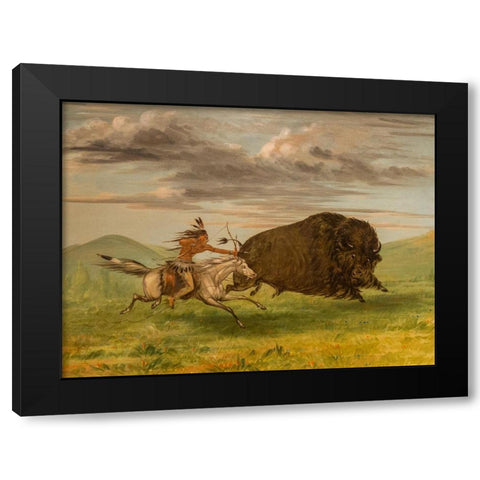 Indian Killing Buffalo with Bow and Arrow Black Modern Wood Framed Art Print with Double Matting by Catlin, George