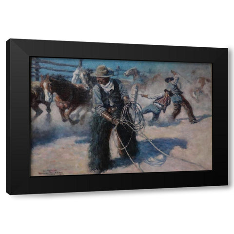 Roping Horses in the Corral Black Modern Wood Framed Art Print with Double Matting by Wyeth, N.C.