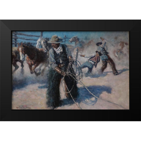 Roping Horses in the Corral Black Modern Wood Framed Art Print by Wyeth, N.C.