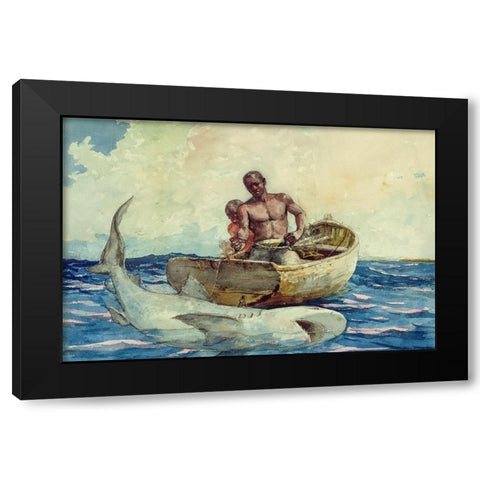 Shark fishing Black Modern Wood Framed Art Print with Double Matting by Homer, Winslow