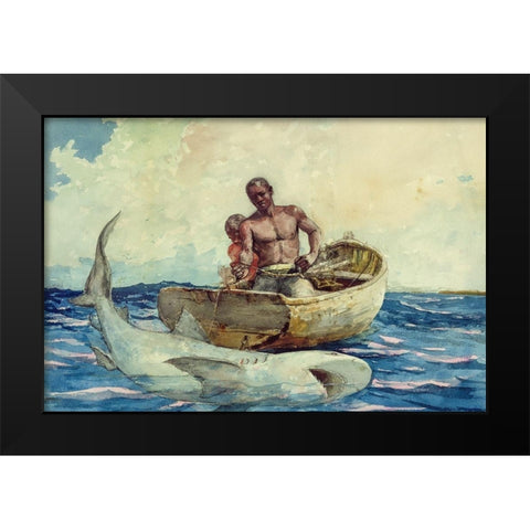 Shark fishing Black Modern Wood Framed Art Print by Homer, Winslow