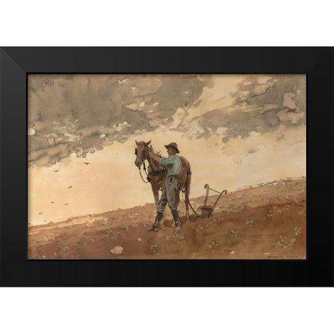 Man with Plow Horse Black Modern Wood Framed Art Print by Homer, Winslow