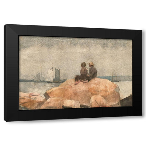 Two Boys Watching Schooners Black Modern Wood Framed Art Print with Double Matting by Homer, Winslow