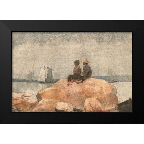 Two Boys Watching Schooners Black Modern Wood Framed Art Print by Homer, Winslow