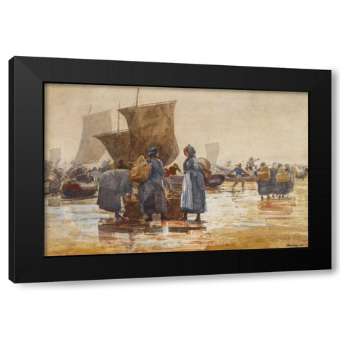 Fisherfolk on the Beach at Cullercoats Black Modern Wood Framed Art Print with Double Matting by Homer, Winslow