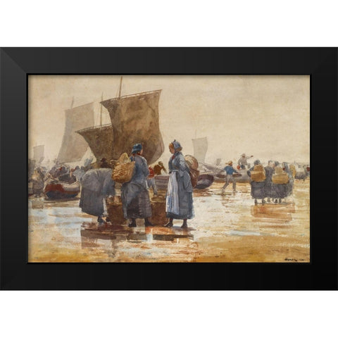 Fisherfolk on the Beach at Cullercoats Black Modern Wood Framed Art Print by Homer, Winslow