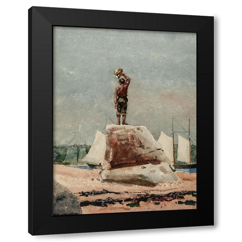 Boy Hailing Schooners Black Modern Wood Framed Art Print by Homer, Winslow