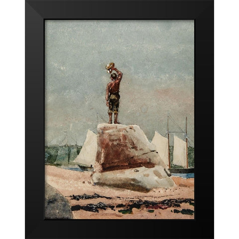 Boy Hailing Schooners Black Modern Wood Framed Art Print by Homer, Winslow