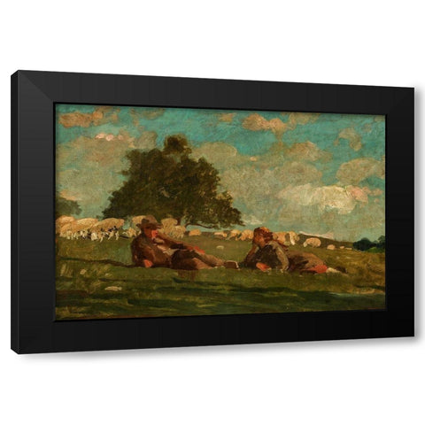 Boy and Girl in a Field with Sheep Black Modern Wood Framed Art Print with Double Matting by Homer, Winslow