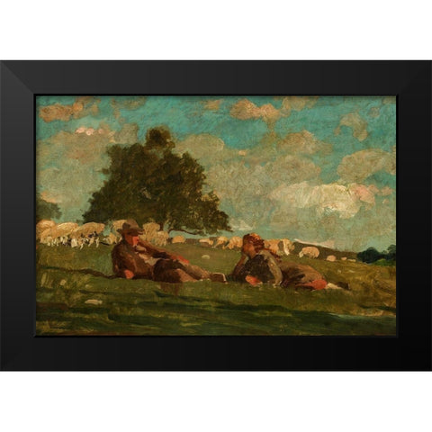 Boy and Girl in a Field with Sheep Black Modern Wood Framed Art Print by Homer, Winslow