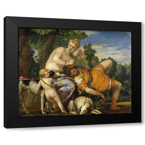 Venus and Adonis Black Modern Wood Framed Art Print with Double Matting by Veronese, Paolo