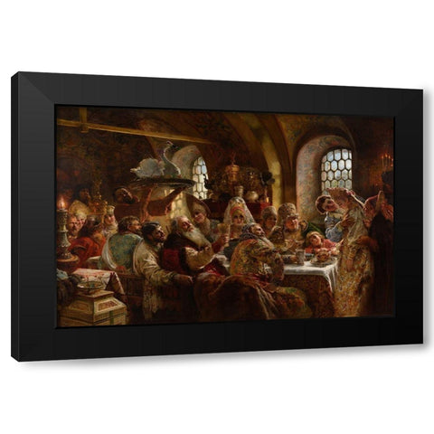 A Boyar Wedding Feast Black Modern Wood Framed Art Print by Makovsky, Konstantin